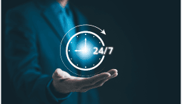 A logo of a clock showing 24/7 is hovering over an open hand.