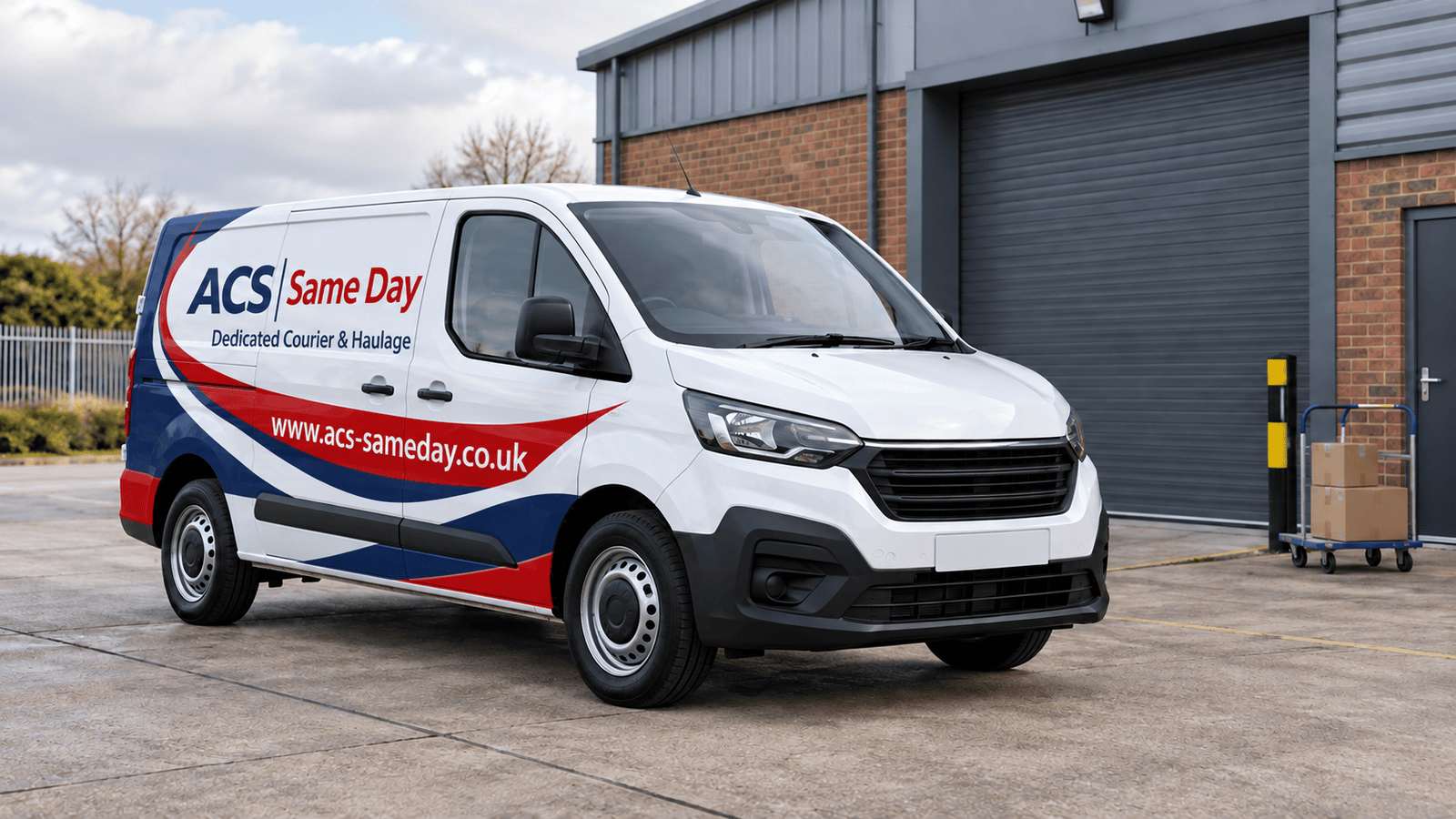 Courier van parked outside a UK commercial loading bay.