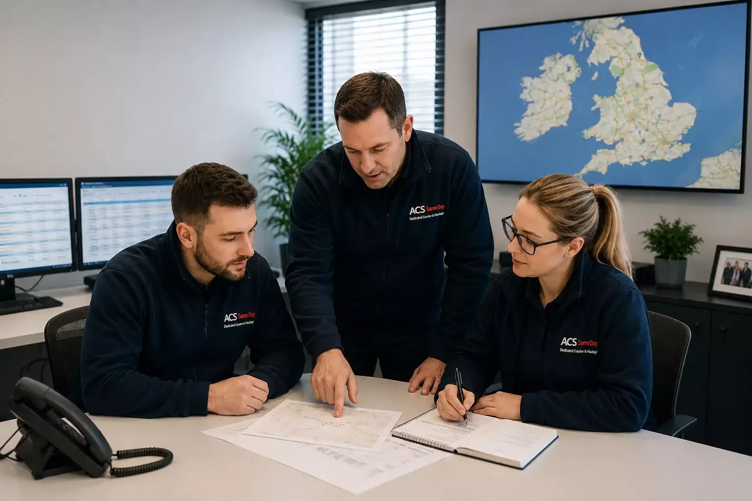 ACS Same Day operations team discussing an urgent courier movement