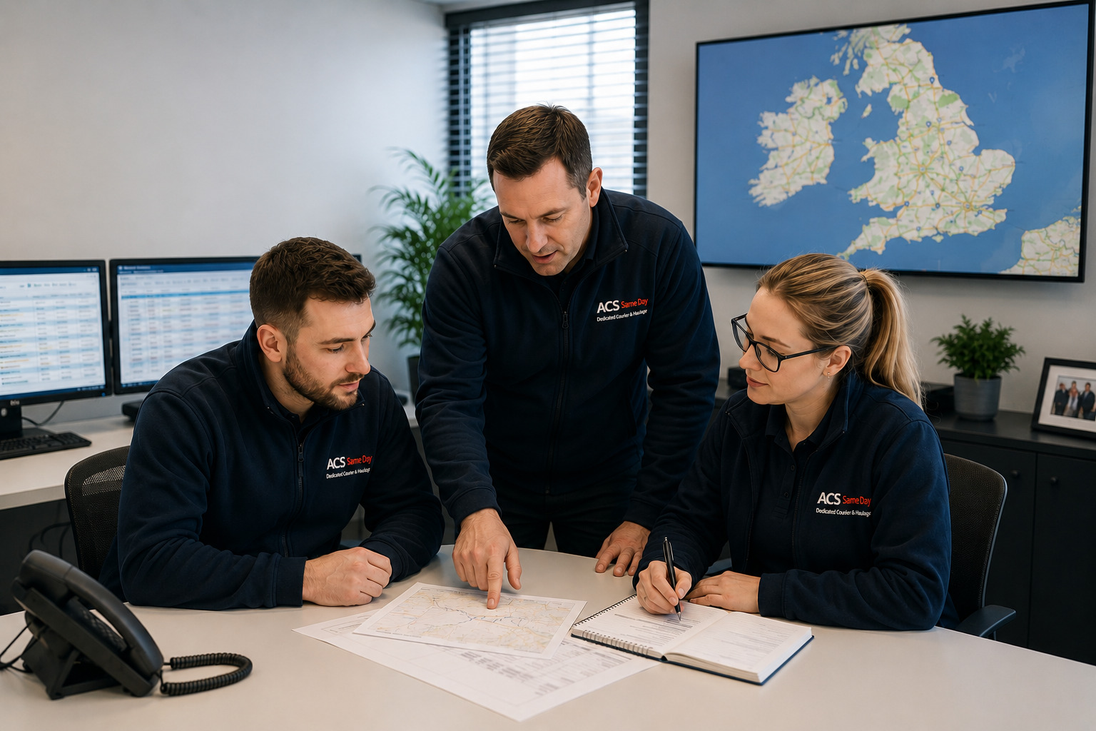 ACS Same Day operations team discussing an urgent courier movement
