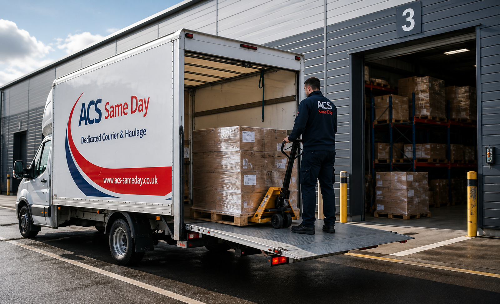 Dedicated same day pallet delivery vehicle being loaded