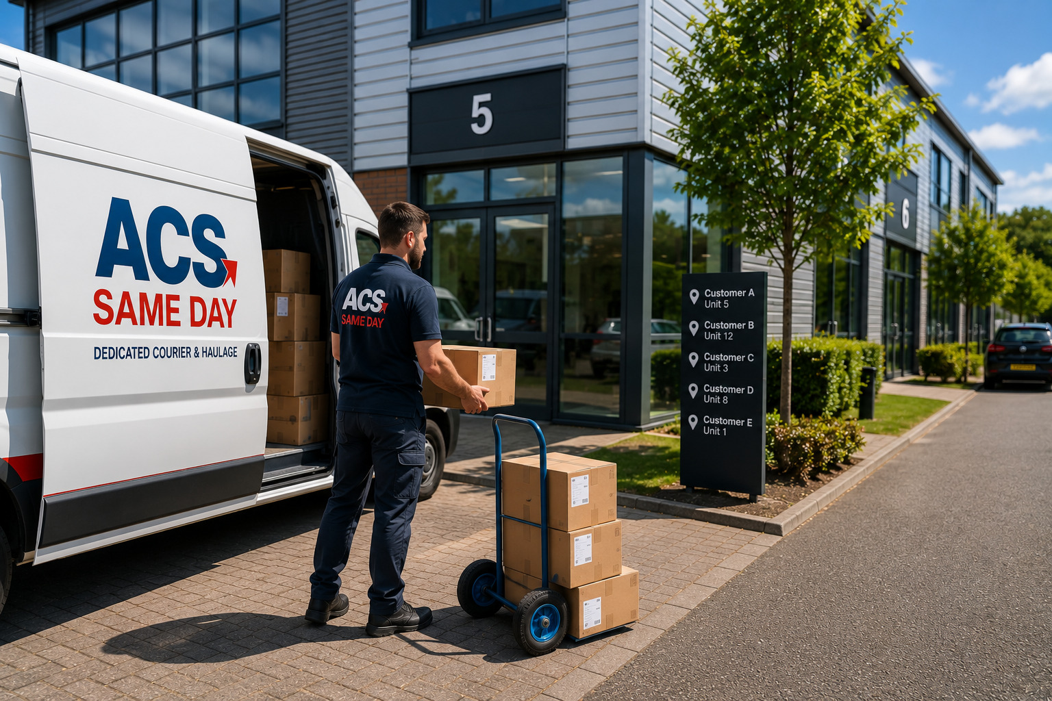 ACS Same Day multi-drop courier completing planned commercial deliveries