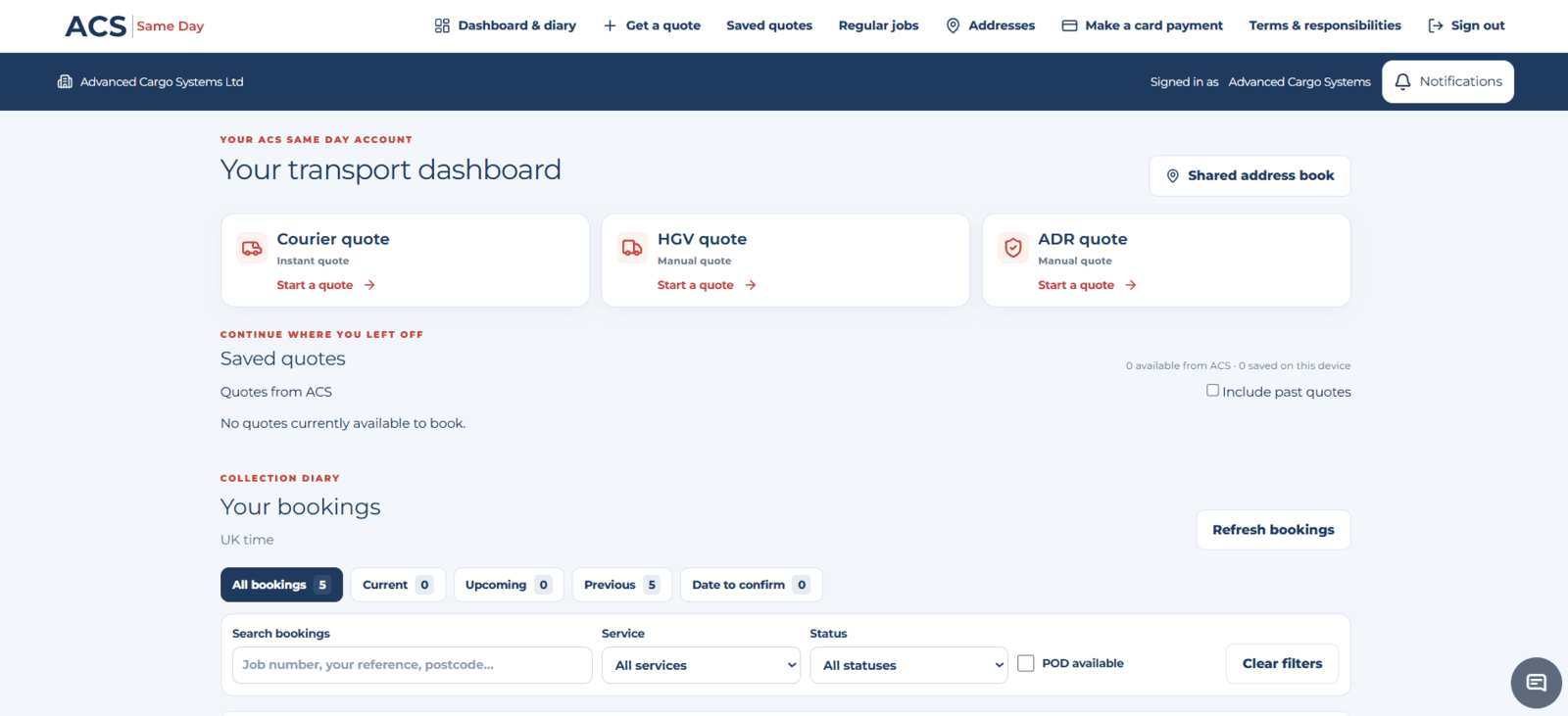 ACS customer portal desktop dashboard with courier, HGV and ADR quotes, saved quotes and booking search.