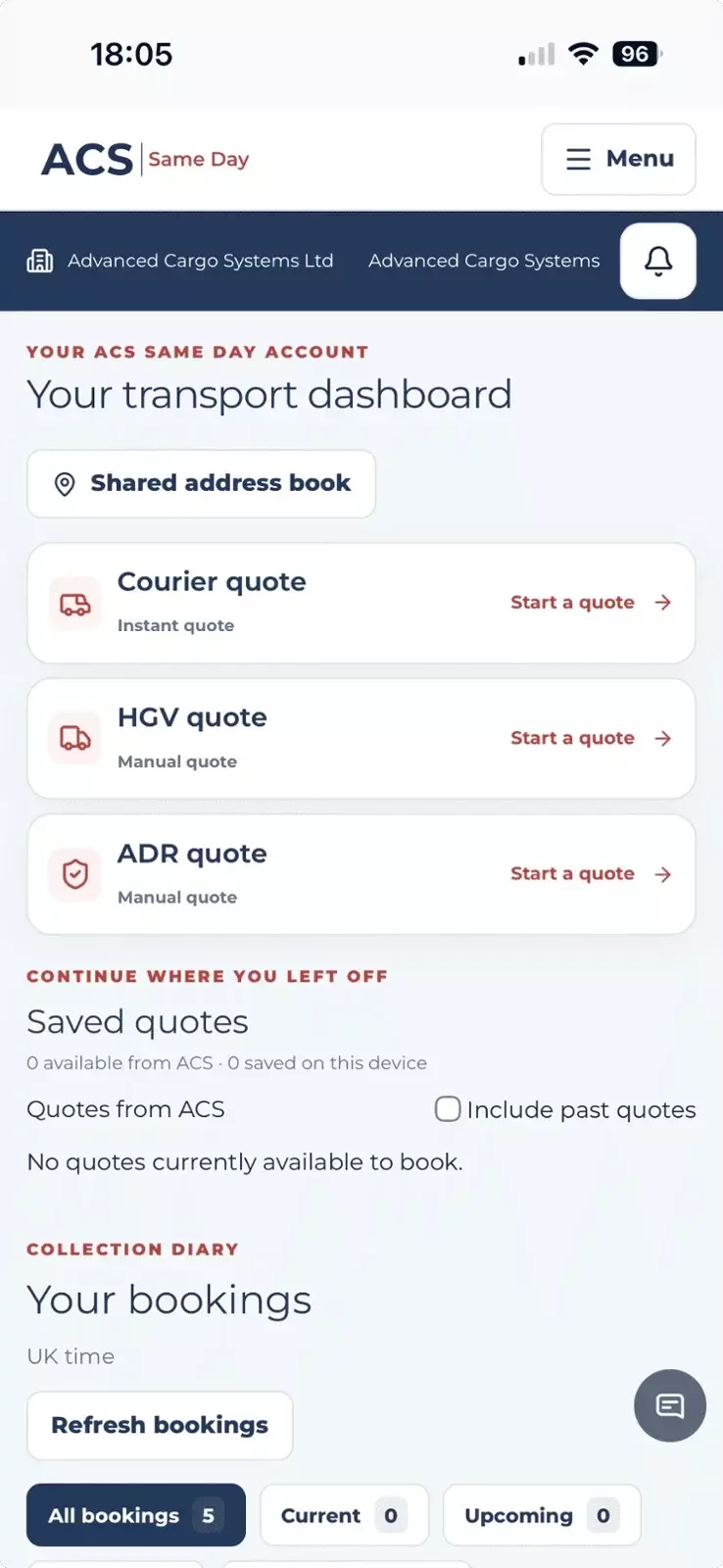 The same ACS customer portal dashboard on a mobile phone.
