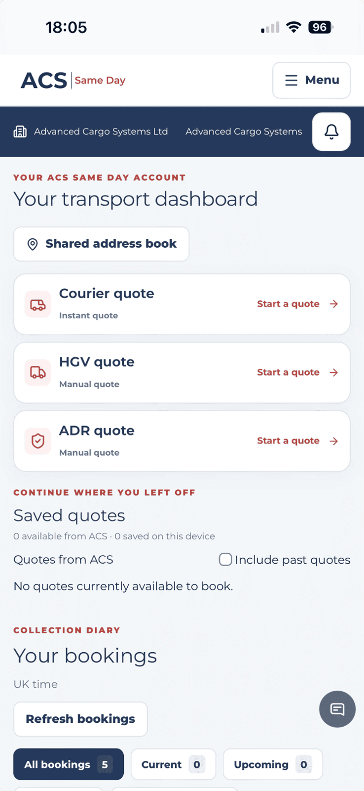 The same ACS customer portal dashboard on a mobile phone.