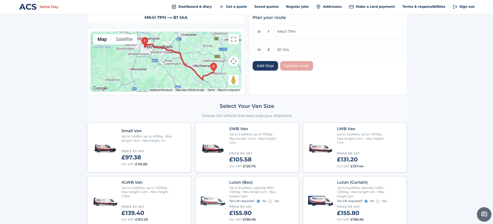 Courier quote screen showing a planned route and six van options with example prices.