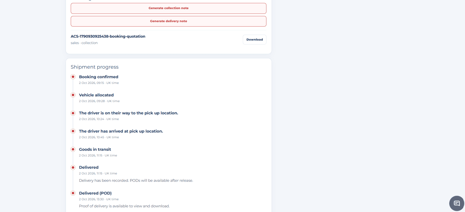 Shipment timeline from booking confirmation and vehicle allocation through to delivery and POD availability.