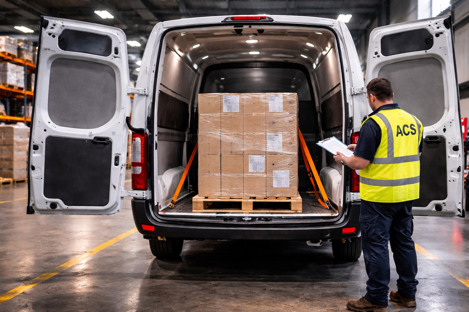 Palletised cartons loaded into a dedicated courier van